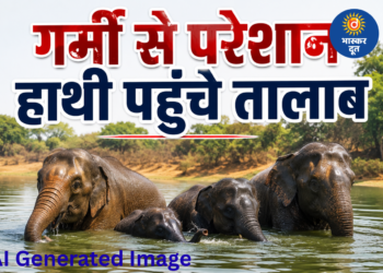 नौतपा की गर्मी से बेहाल हाथियों का झुंड पहुंचा तालाब, घुसरिया गांव में बढ़ी ग्रामीणों की चिंता